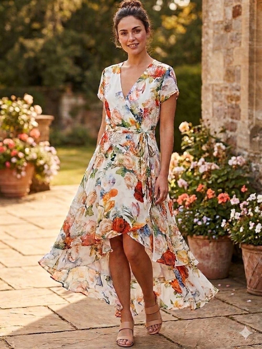 Sandra Darren Floral Wrap High-Low Dress
